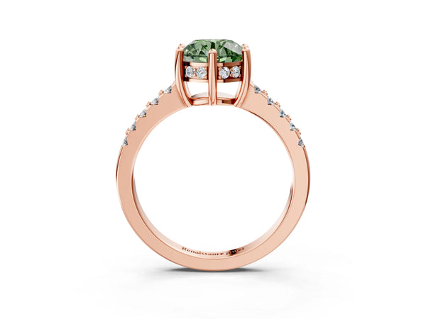 Rose gold Fancy Green Round Cut Solitaire Diamond Engagement Ring with Pavé Band and Six-Prong Setting
