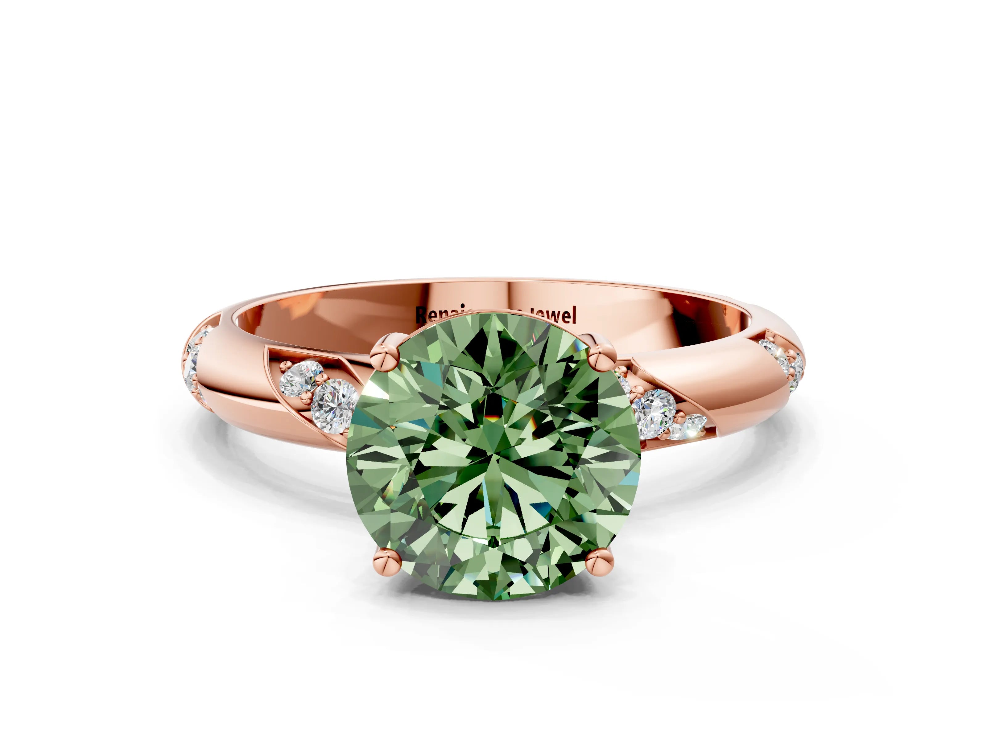 Rose gold Fancy Green Round Cut Solitaire Diamond Engagement Ring with Twisted Pave Band and Four-Prong Setting_27