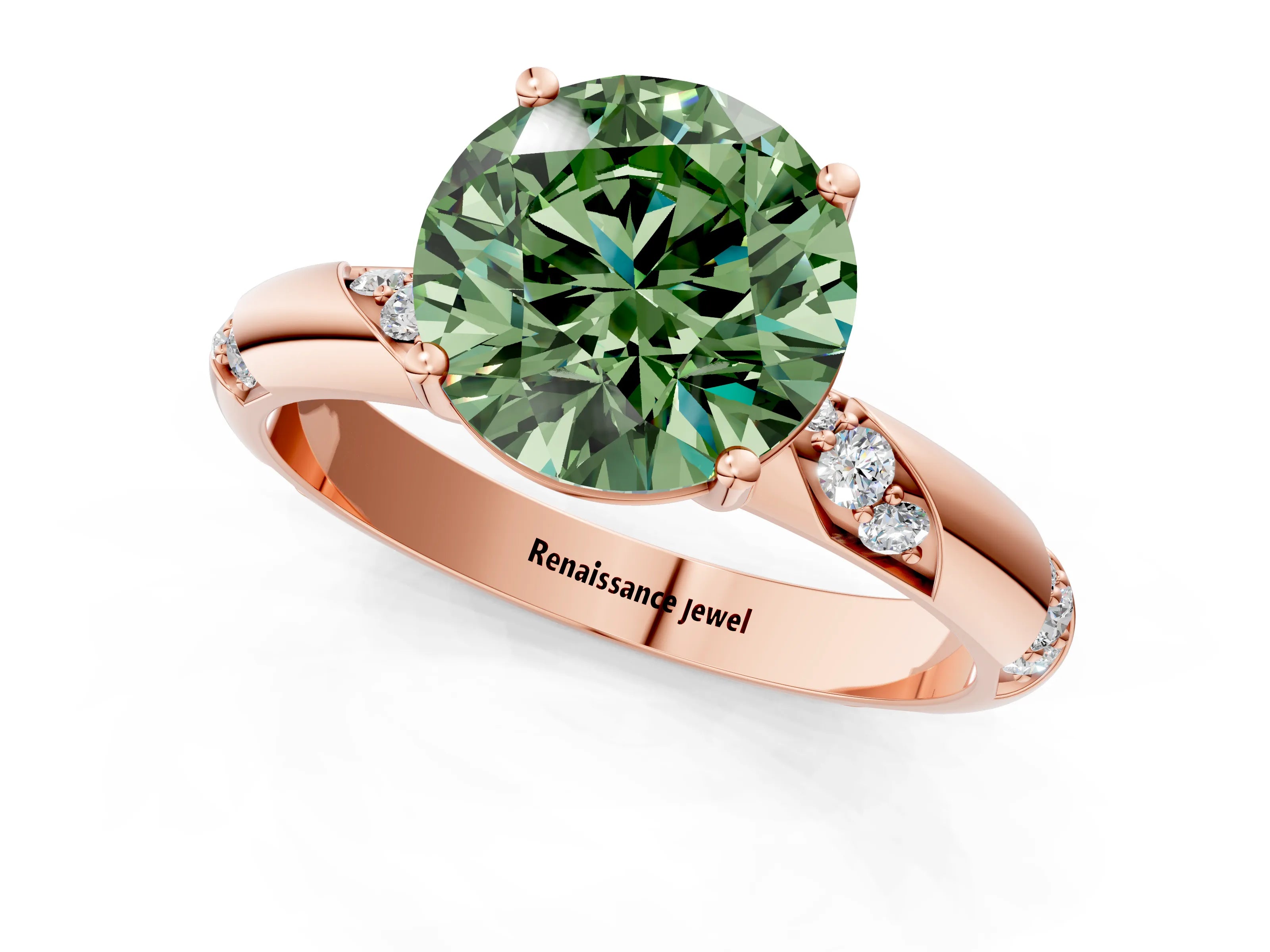 Rose gold Fancy Green Round Cut Solitaire Diamond Engagement Ring with Twisted Pave Band and Four-Prong Setting_28