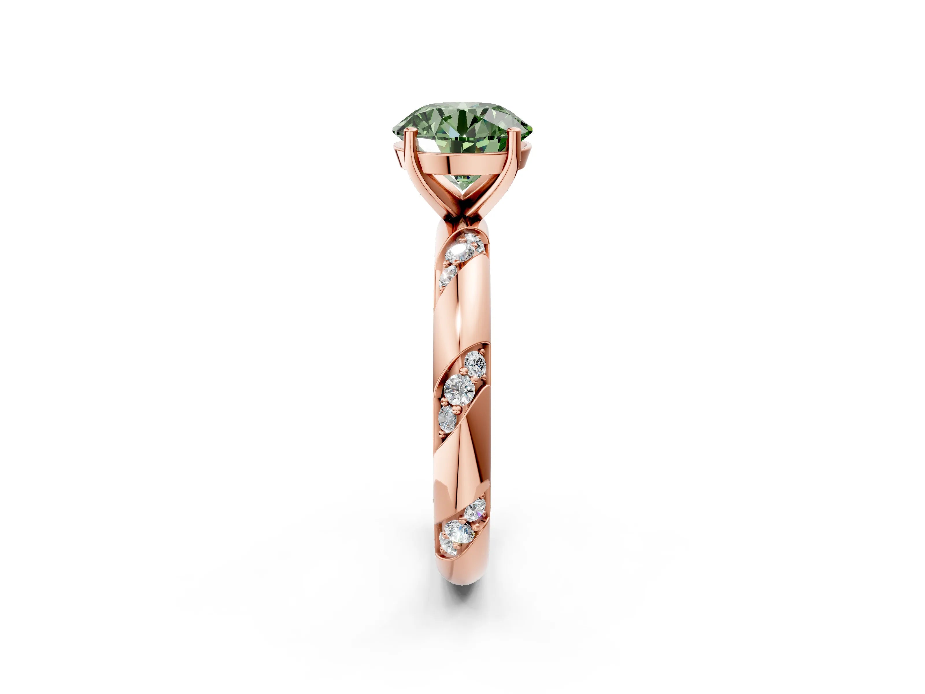 Rose gold Fancy Green Round Cut Solitaire Diamond Engagement Ring with Twisted Pave Band and Four-Prong Setting_29