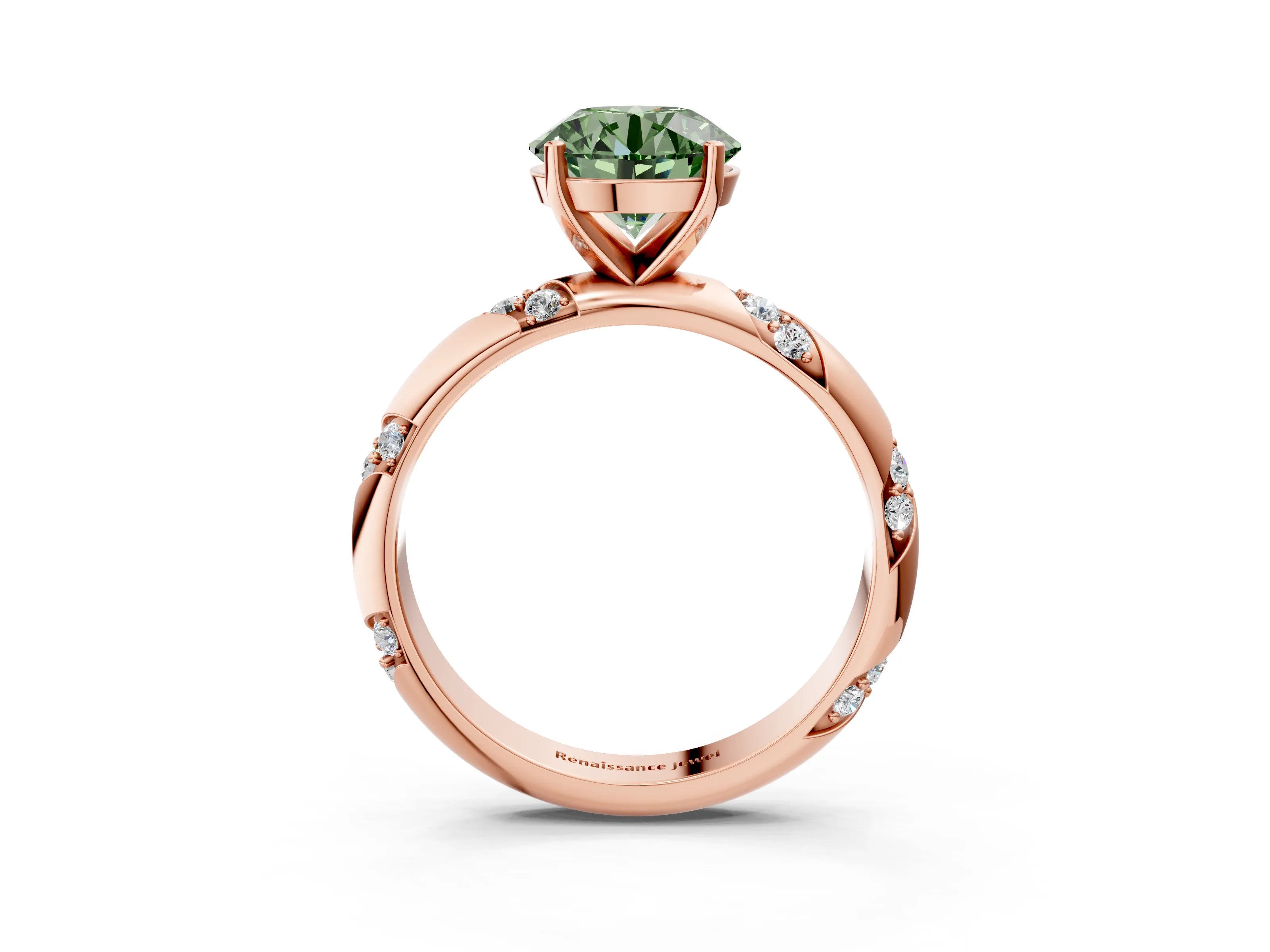 Rose gold Fancy Green Round Cut Solitaire Diamond Engagement Ring with Twisted Pave Band and Four-Prong Setting_30