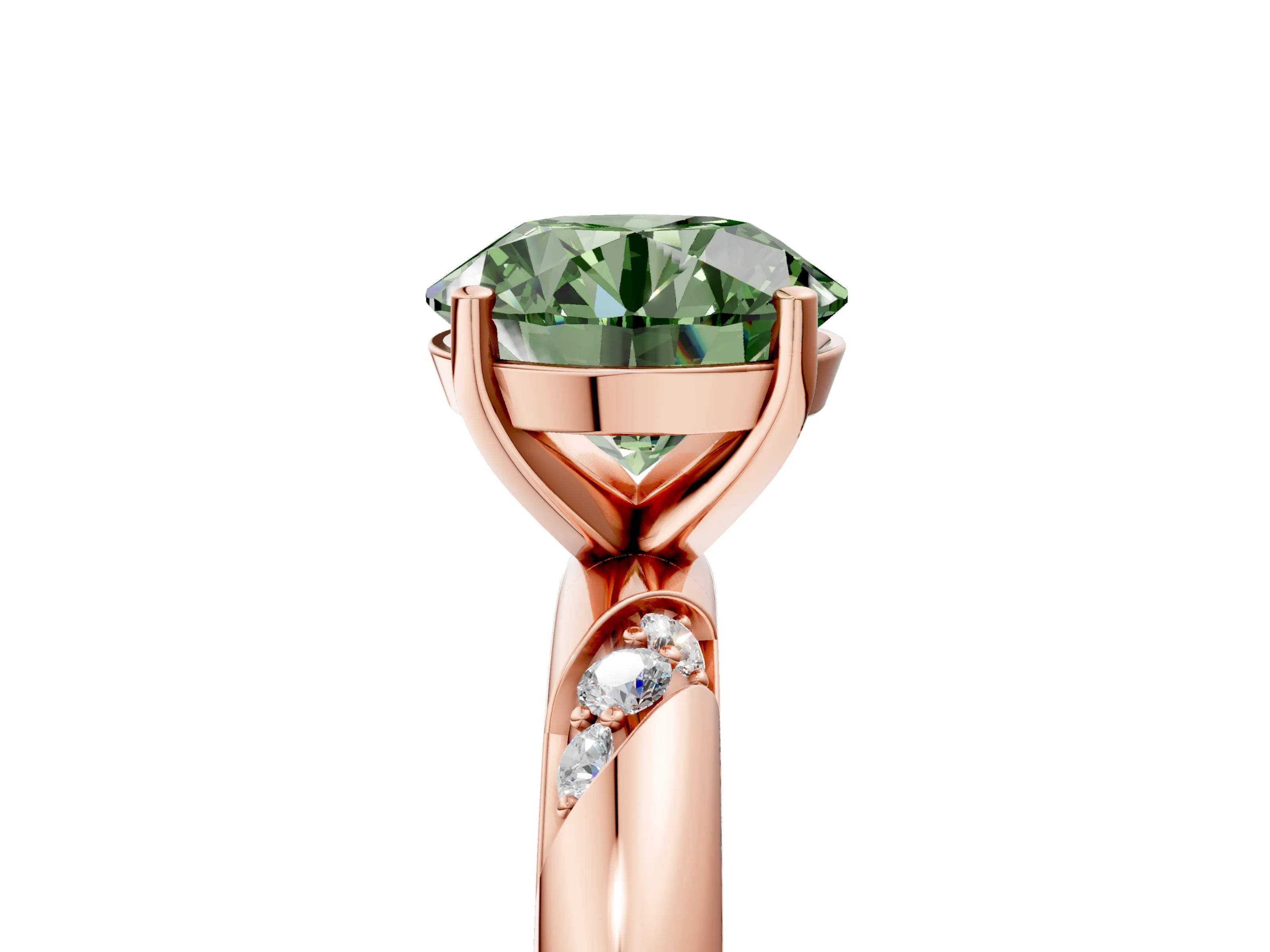 Rose gold Fancy Green Round Cut Solitaire Diamond Engagement Ring with Twisted Pave Band and Four-Prong Setting_32