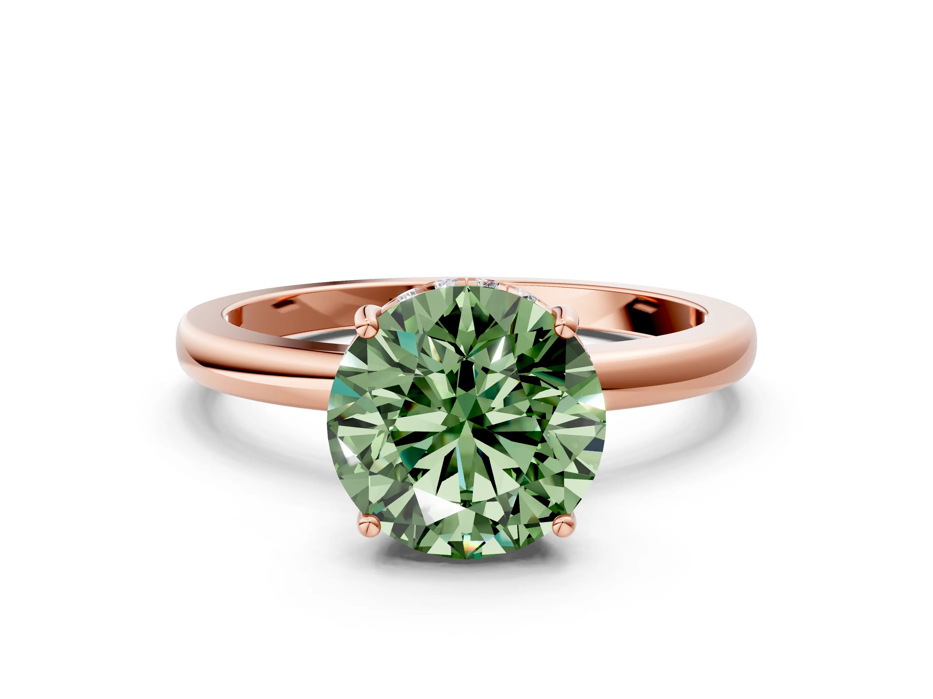 Rose gold Fancy Green Round Cut Solitaire Diamond Ring with Prong Setting and Plain Band