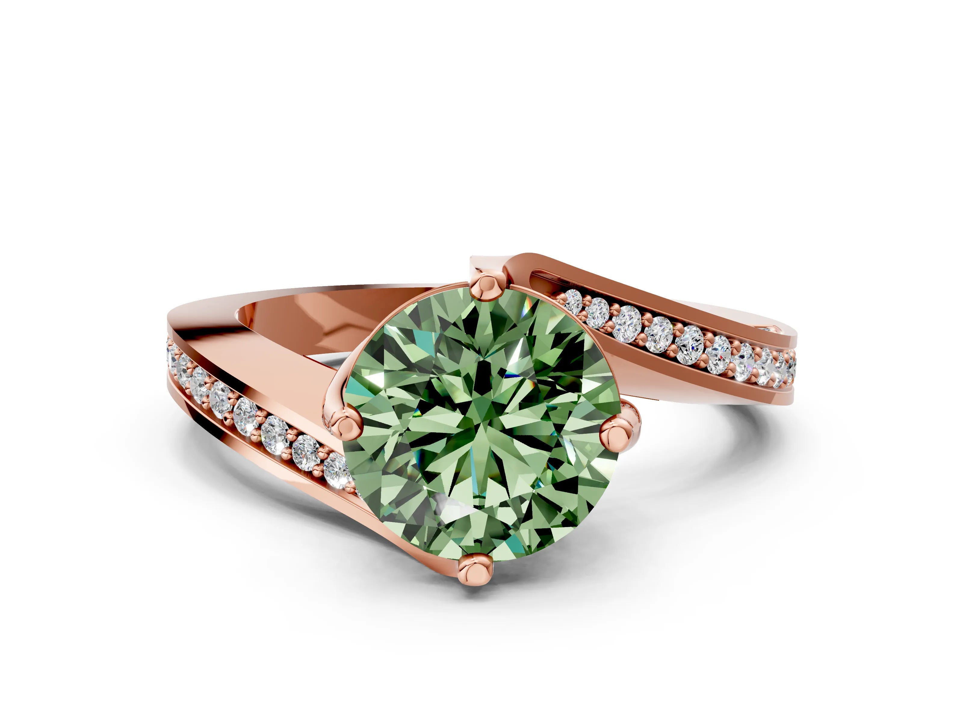 Rose gold Fancy Green Round Cut Solitaire Diamond Twist Band with Pavé Setting and Four-Prong Setting