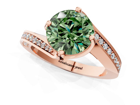 Rose gold Fancy Green Round Cut Solitaire Diamond Twist Band with Pavé Setting and Four-Prong Setting_1