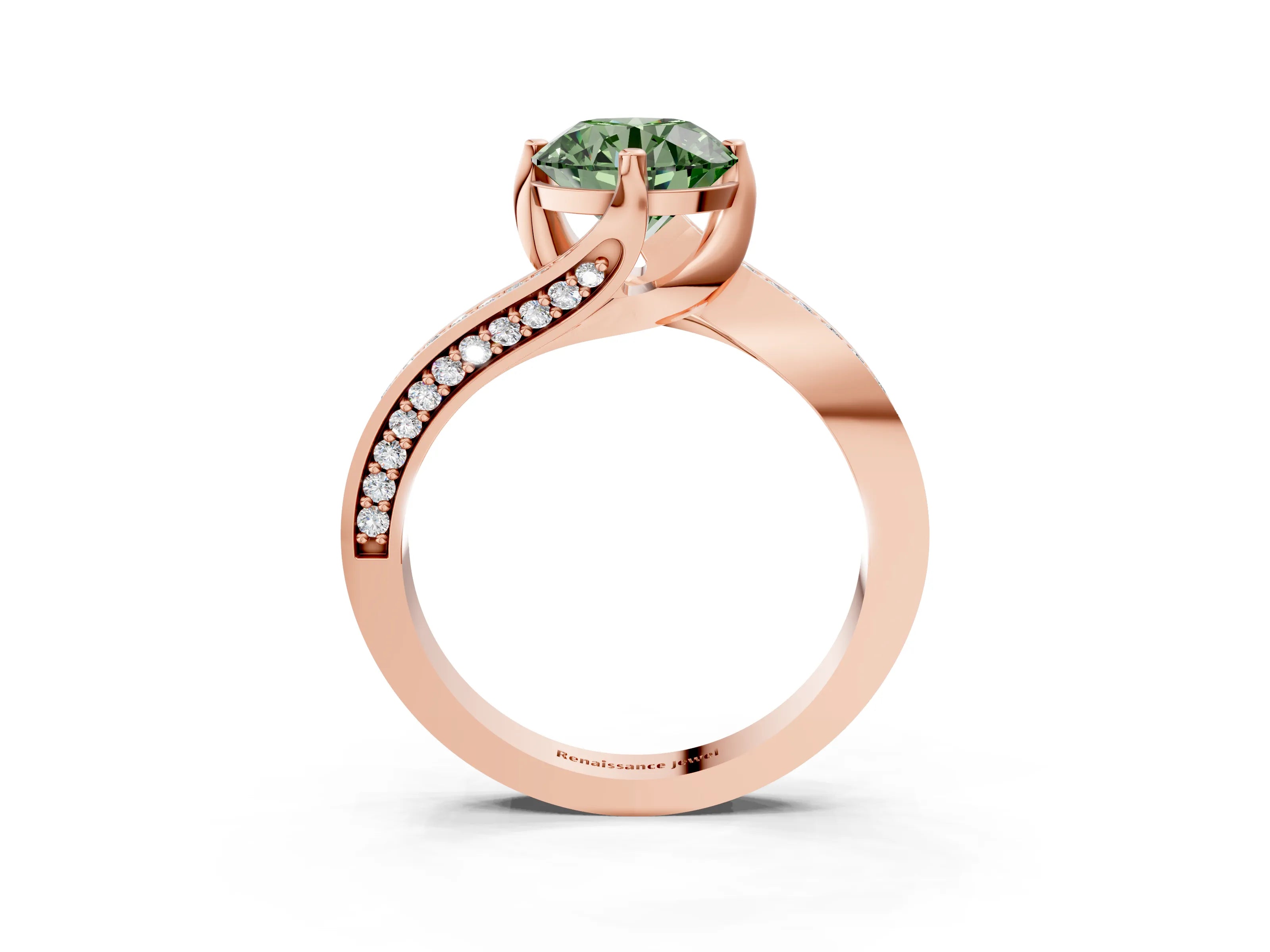 Rose gold Fancy Green Round Cut Solitaire Diamond Twist Band with Pavé Setting and Four-Prong Setting_3