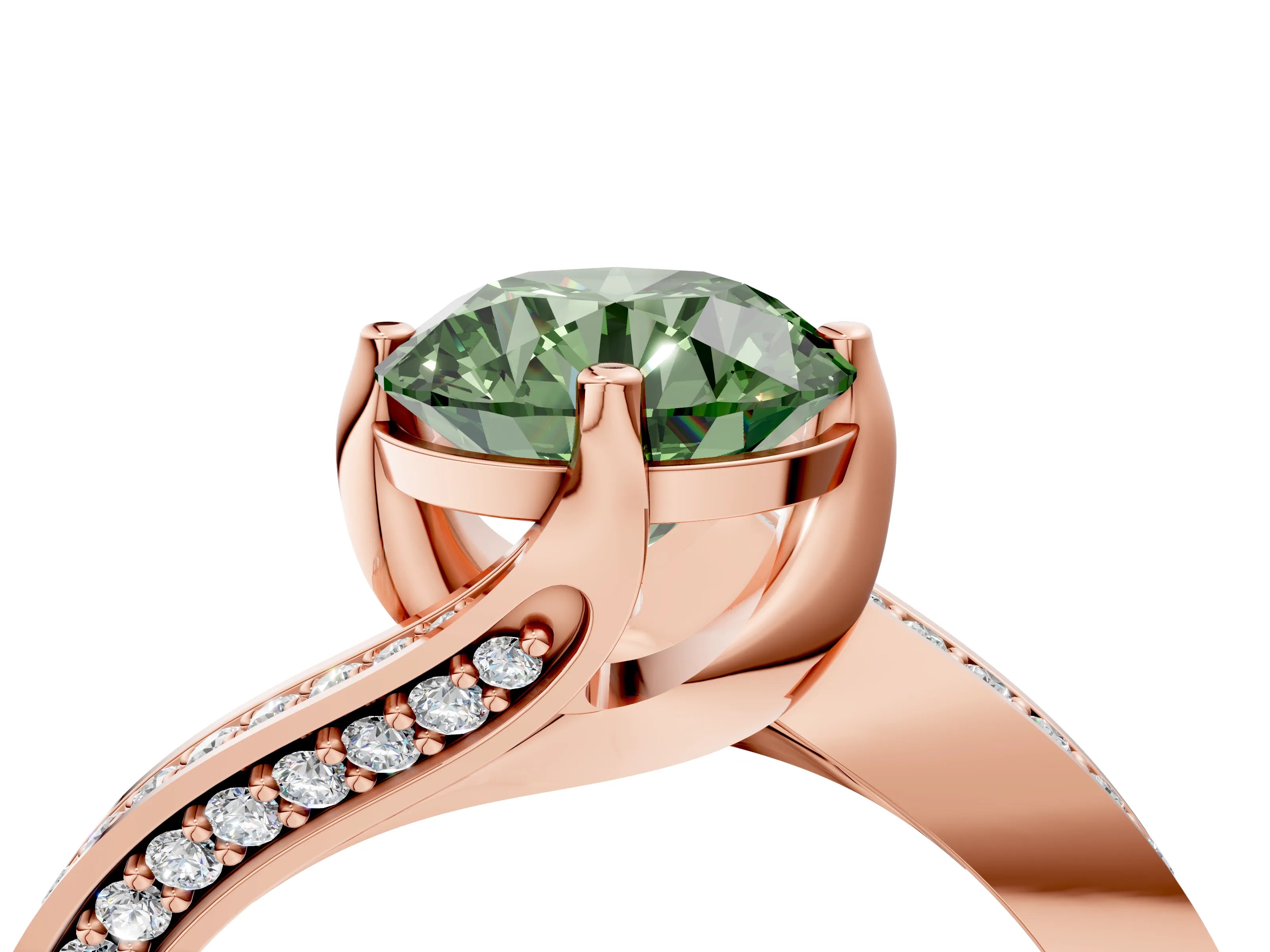 Rose gold Fancy Green Round Cut Solitaire Diamond Twist Band with Pavé Setting and Four-Prong Setting_4