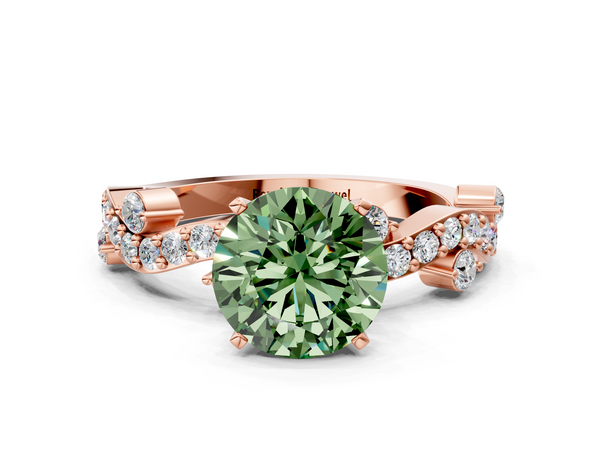 Rose gold Fancy Green Round  Cut Solitaire Diamond Twisted Band with Pave Setting