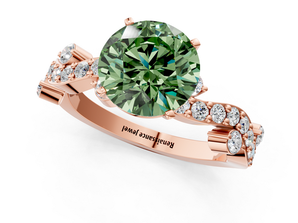Rose gold Fancy Green Round  Cut Solitaire Diamond Twisted Band with Pave Setting