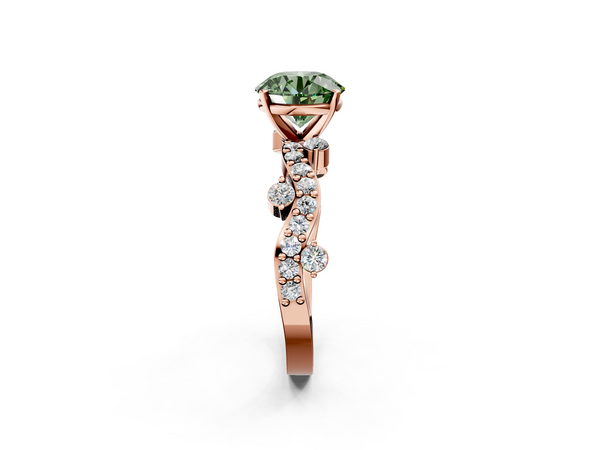 Rose gold Fancy Green Round  Cut Solitaire Diamond Twisted Band with Pave Setting
