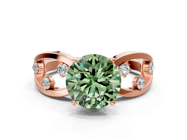 Rose gold Fancy Green Round  Cut Solitaire Diamond with Side Stones on Criss-Cross Band and Four-Prong Setting