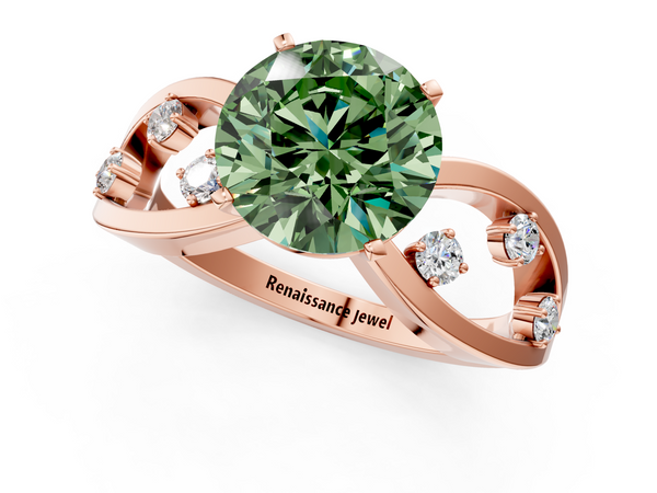 Rose gold Fancy Green Round  Cut Solitaire Diamond with Side Stones on Criss-Cross Band and Four-Prong Setting