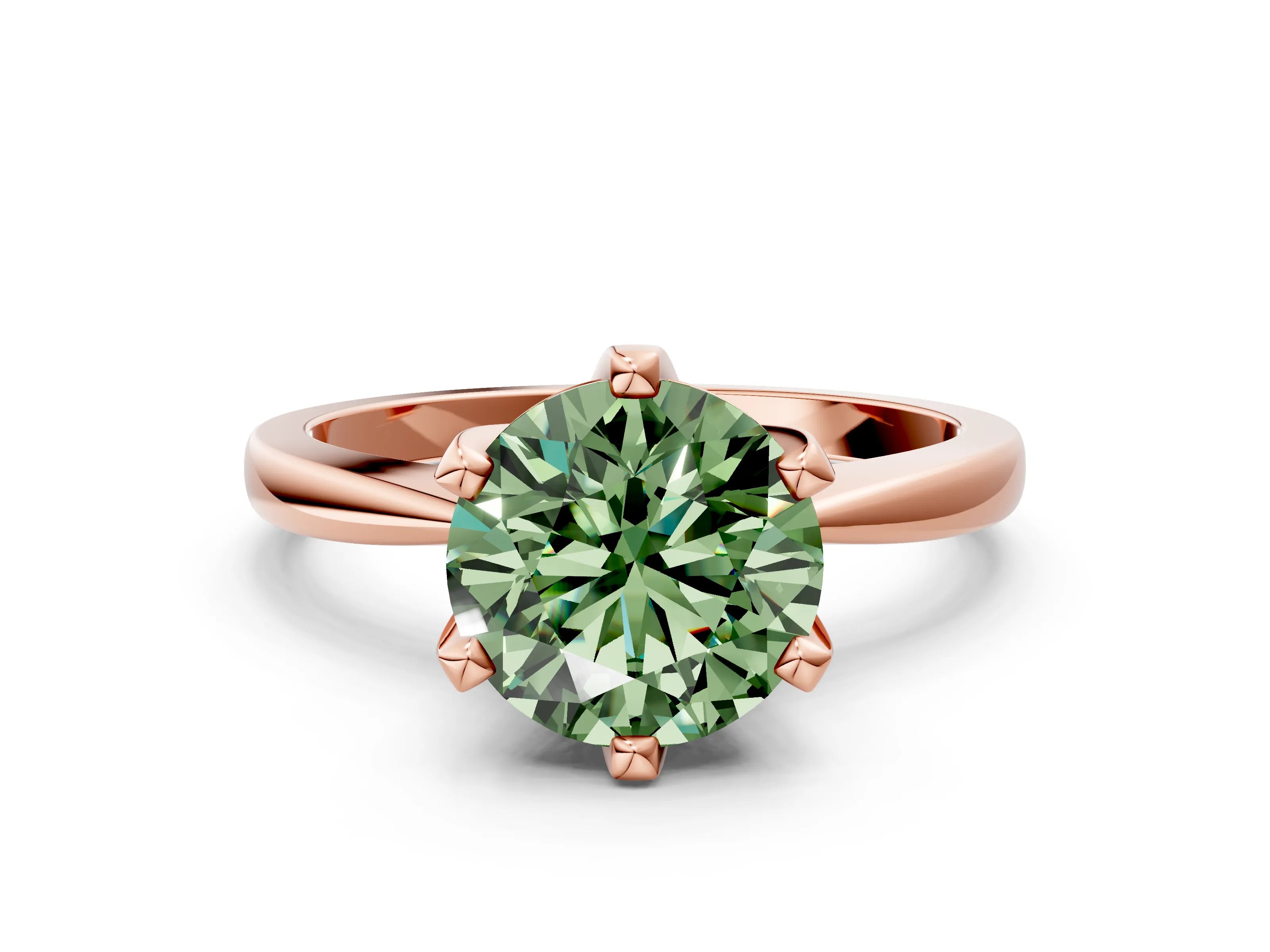 Rose gold Fancy Green Round Cut Solitaire Engagement Ring with Six-Prong Setting and Tapered Band