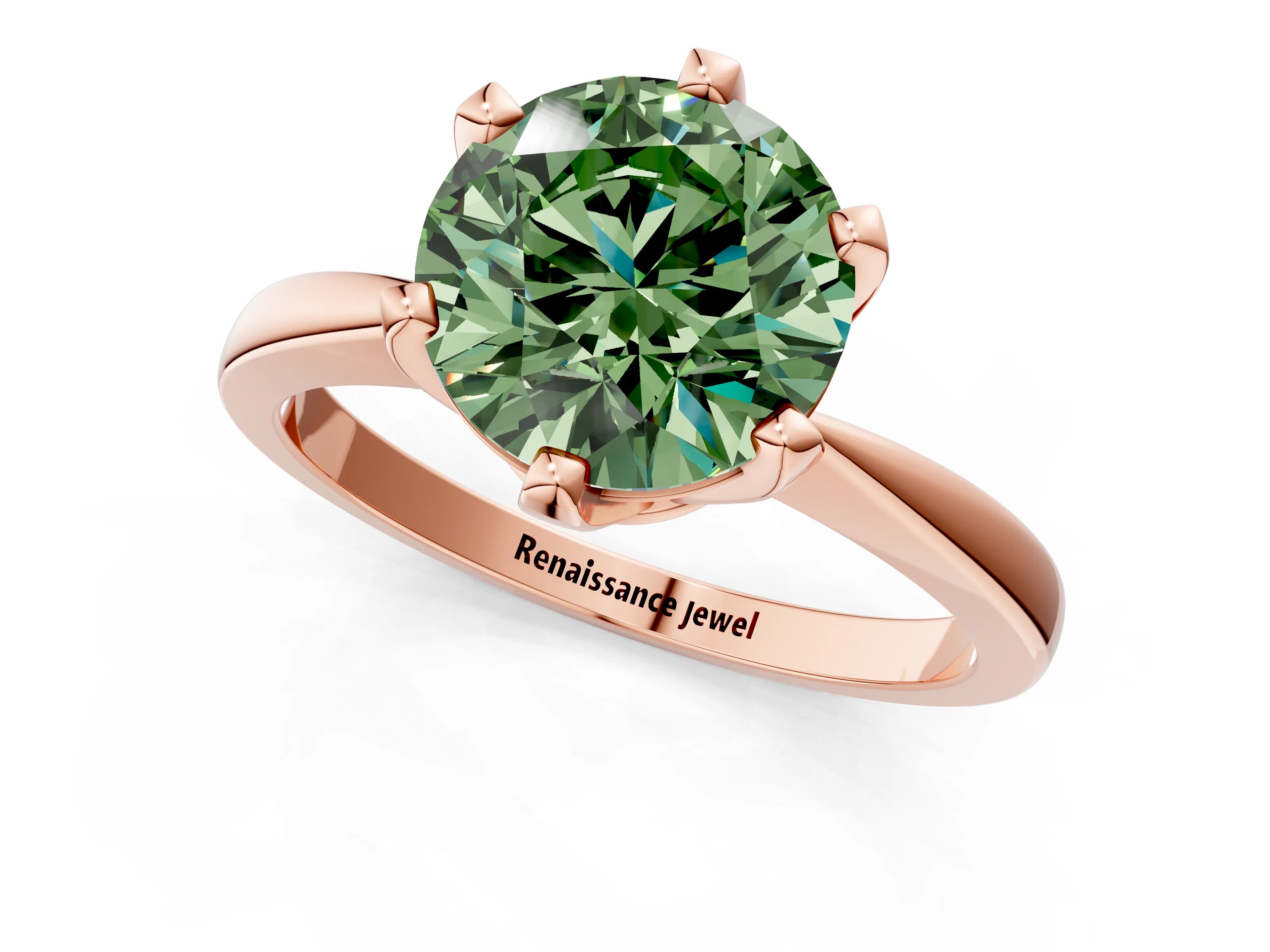 Rose gold Fancy Green Round Cut Solitaire Engagement Ring with Six-Prong Setting and Tapered Band_1