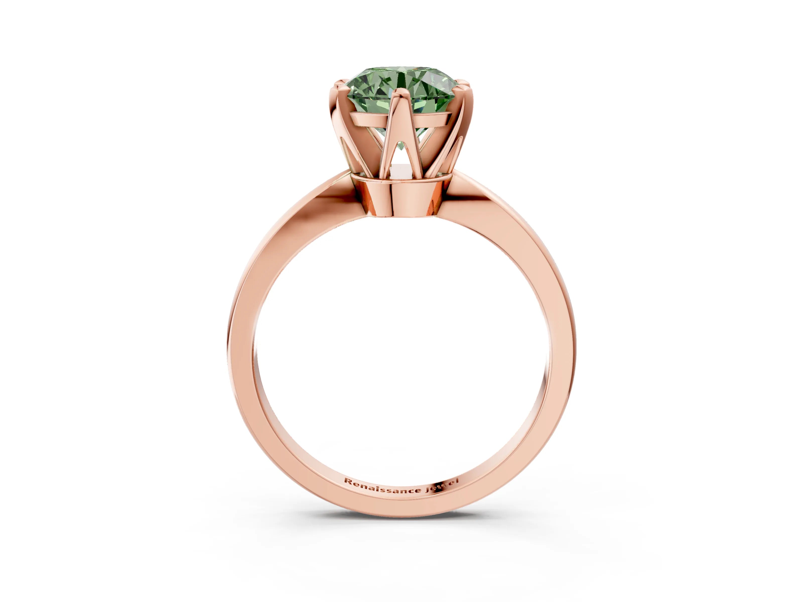 Rose gold Fancy Green Round Cut Solitaire Engagement Ring with Six-Prong Setting and Tapered Band_3