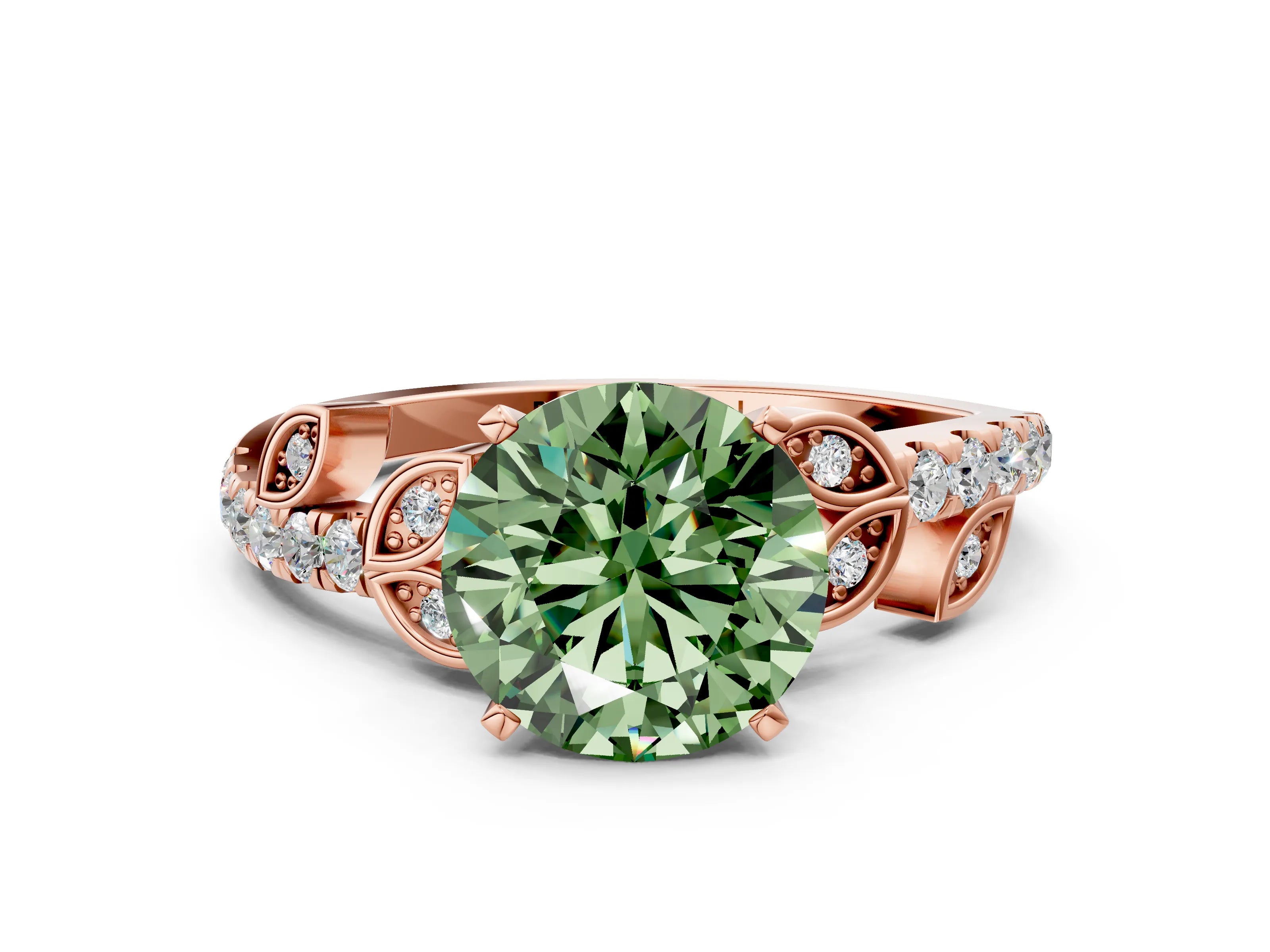 Rose gold Fancy Green Round Cut Solitaire Leaf-Inspired Diamond Ring with Pavé Band and Four-Prong Setting