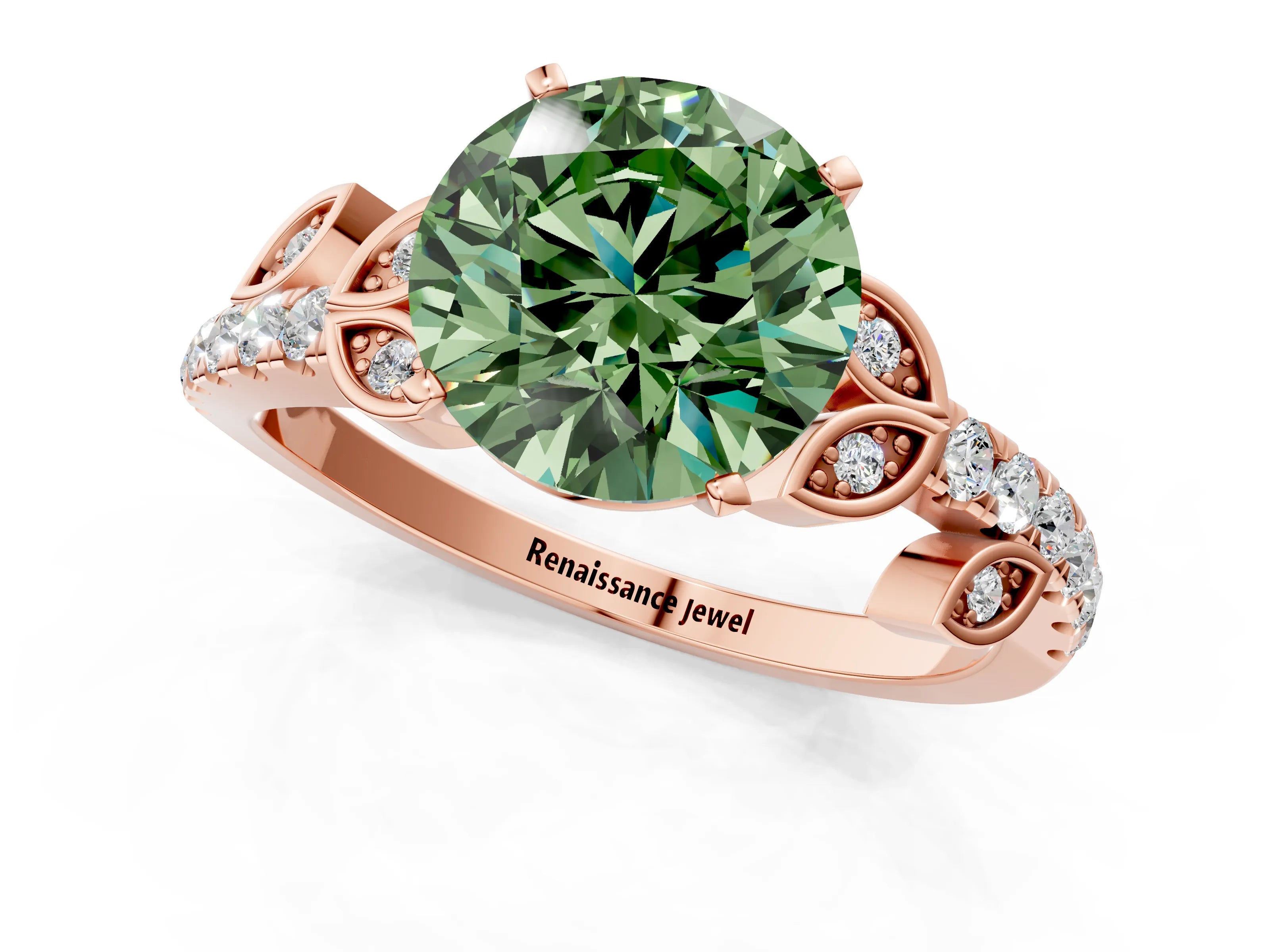 Rose gold Fancy Green Round Cut Solitaire Leaf-Inspired Diamond Ring with Pavé Band and Four-Prong Setting_1