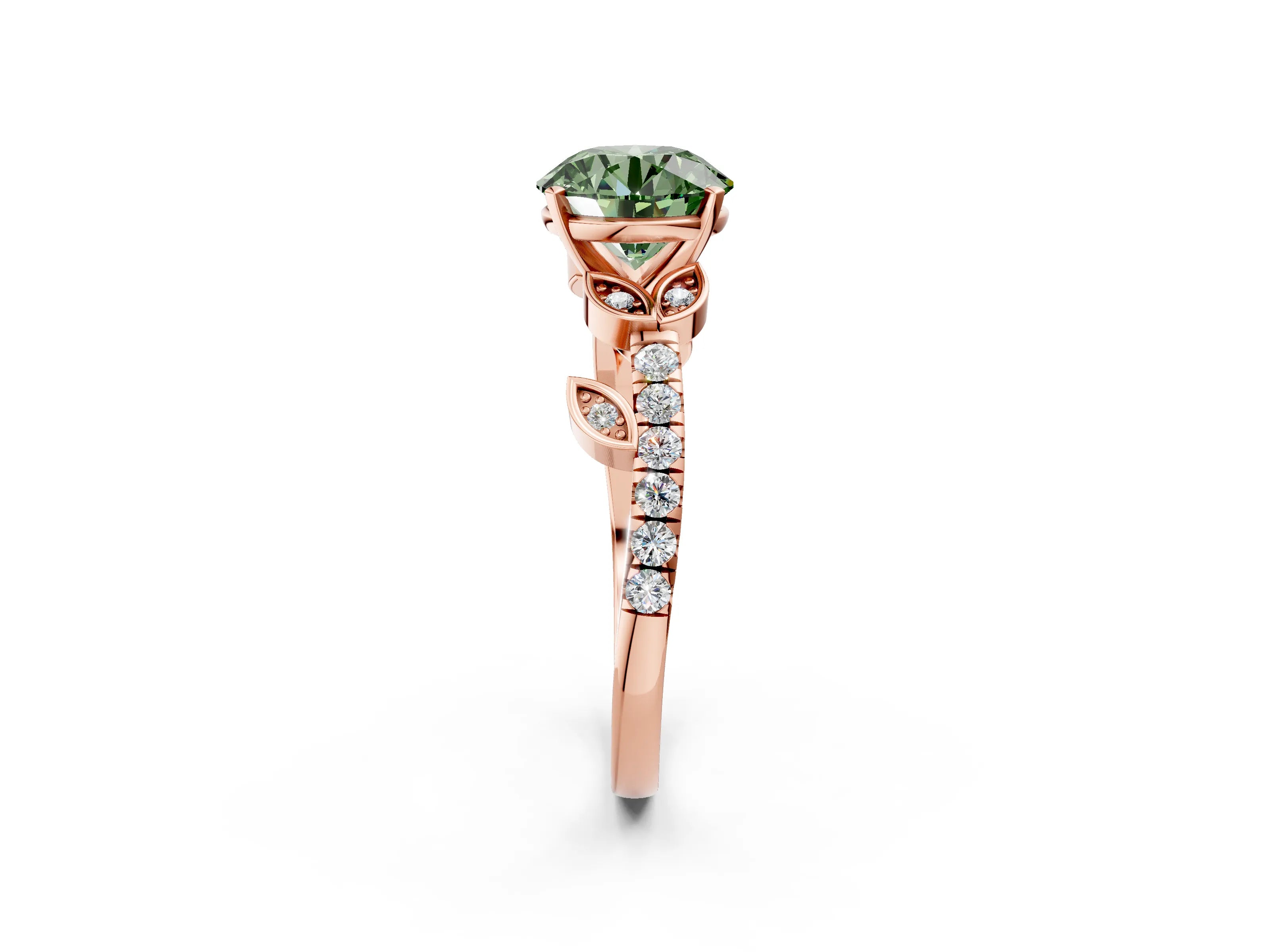 Rose gold Fancy Green Round Cut Solitaire Leaf-Inspired Diamond Ring with Pavé Band and Four-Prong Setting_2