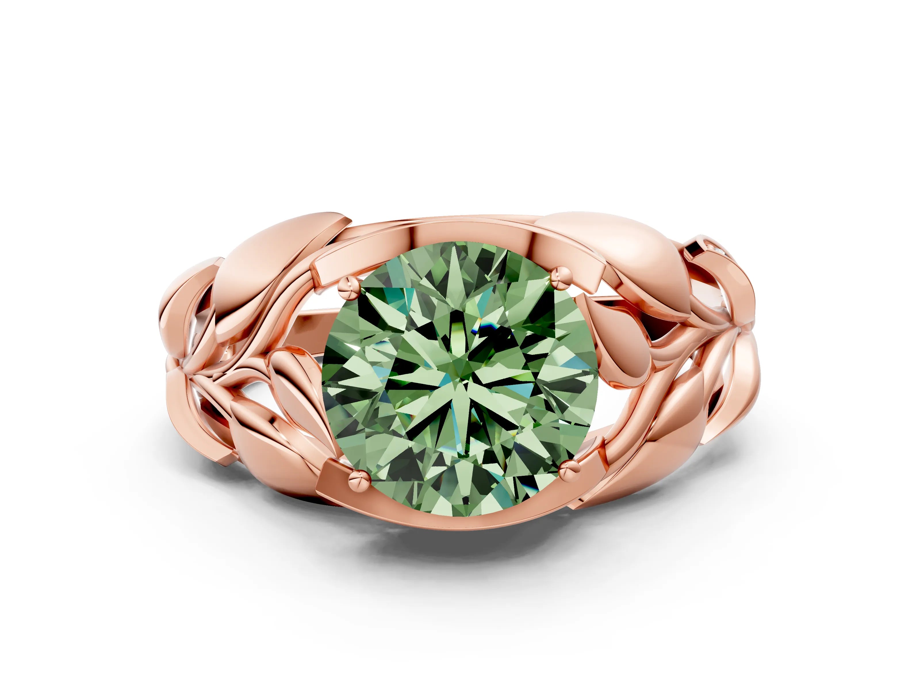 Rose gold Fancy Green Round Cut Solitaire Leaf-Inspired Engagement Ring with Prong Setting