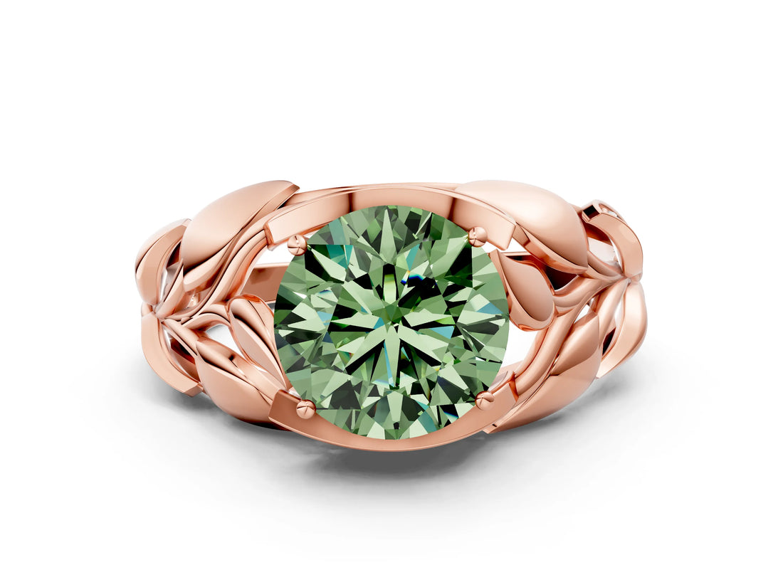 Rose gold Fancy Green Round Cut Solitaire Leaf-Inspired Engagement Ring with Prong Setting_12