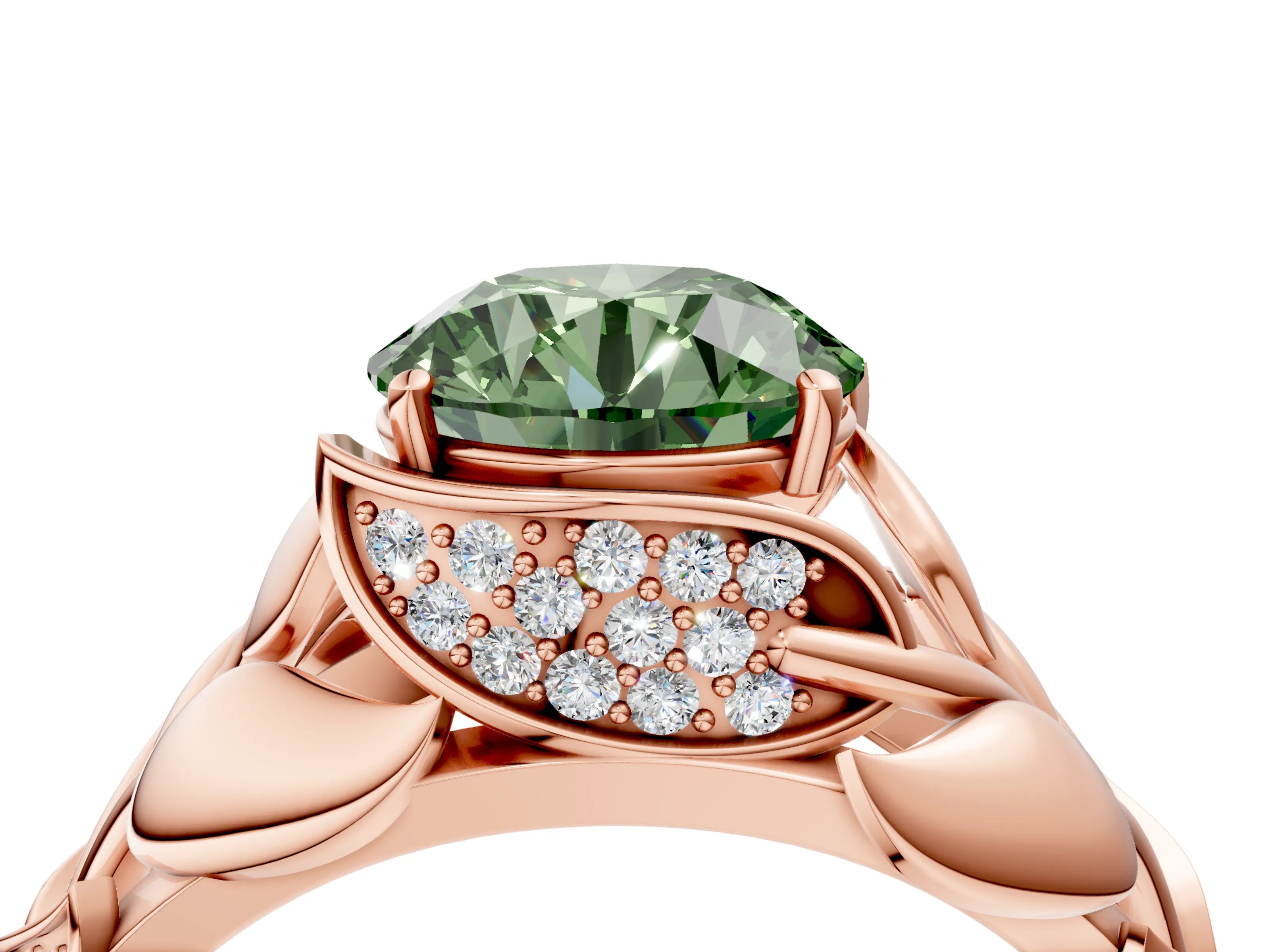Rose gold Fancy Green Round Cut Solitaire Leaf-Inspired Engagement Ring with Prong Setting_4
