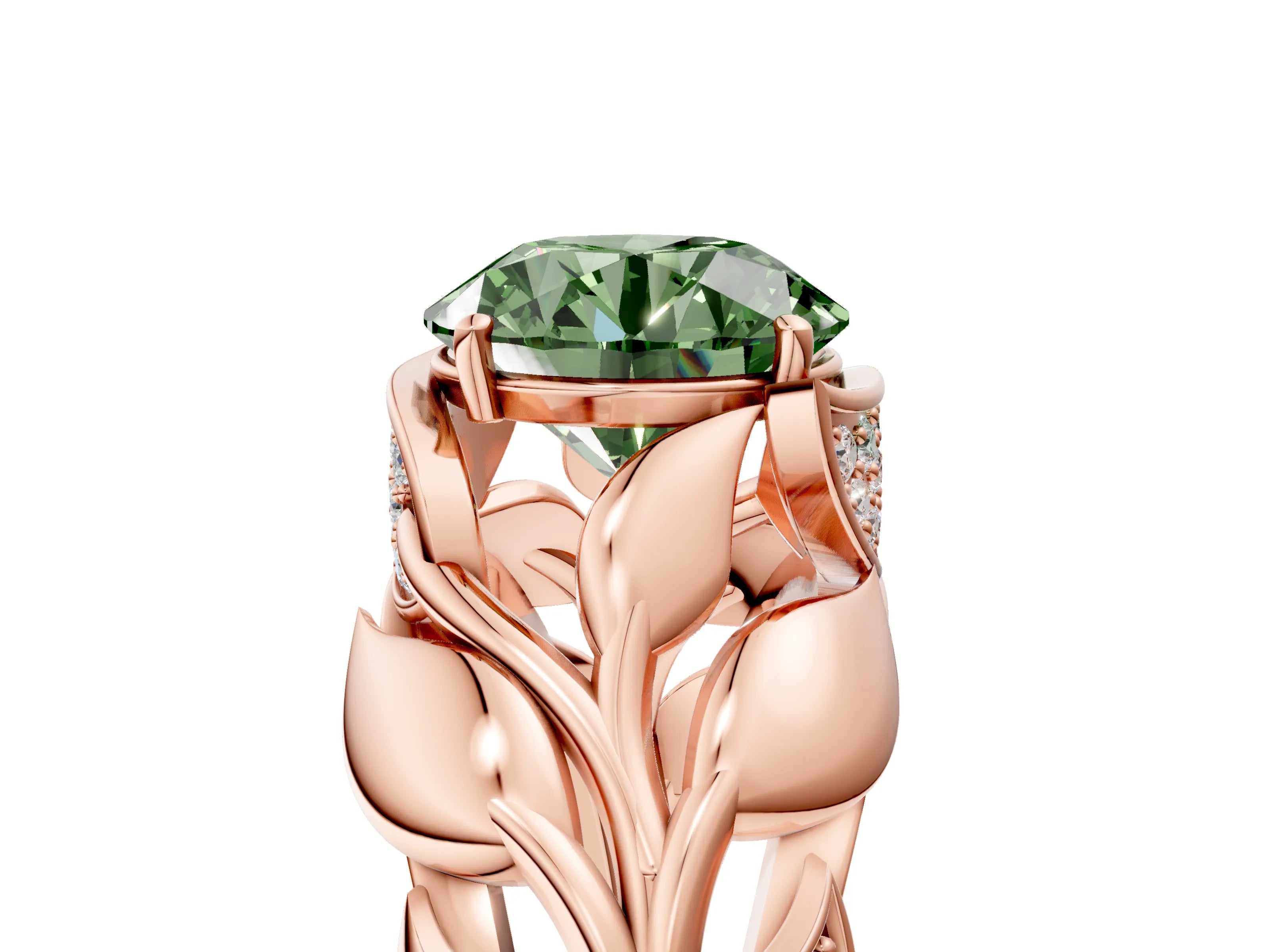 Rose gold Fancy Green Round Cut Solitaire Leaf-Inspired Engagement Ring with Prong Setting_5