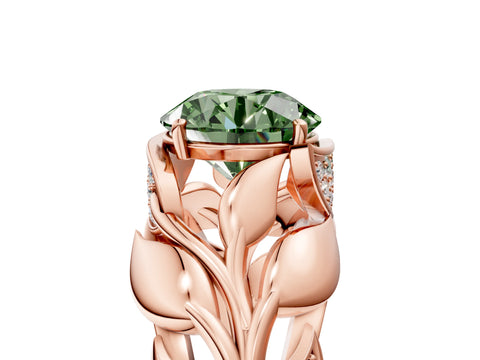 Rose gold Fancy Green Round Cut Solitaire Leaf-Inspired Engagement Ring with Prong Setting_5