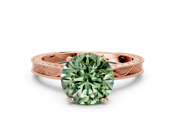 Rose gold Fancy Green Round Cut Solitaire Milgrain Engraved Band with Four-Prong Setting