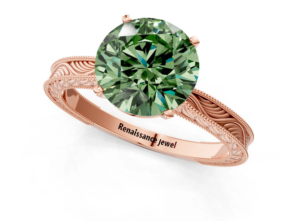 Rose gold Fancy Green Round Cut Solitaire Milgrain Engraved Band with Four-Prong Setting