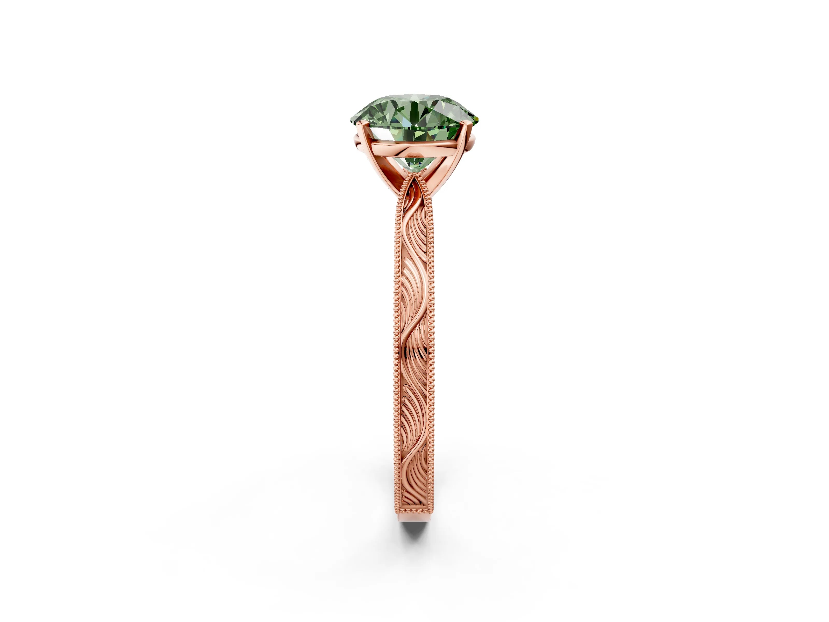 Rose gold Fancy Green Round Cut Solitaire Milgrain Engraved Band with Four-Prong Setting_2