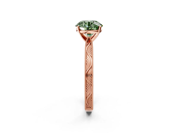Rose gold Fancy Green Round Cut Solitaire Milgrain Engraved Band with Four-Prong Setting