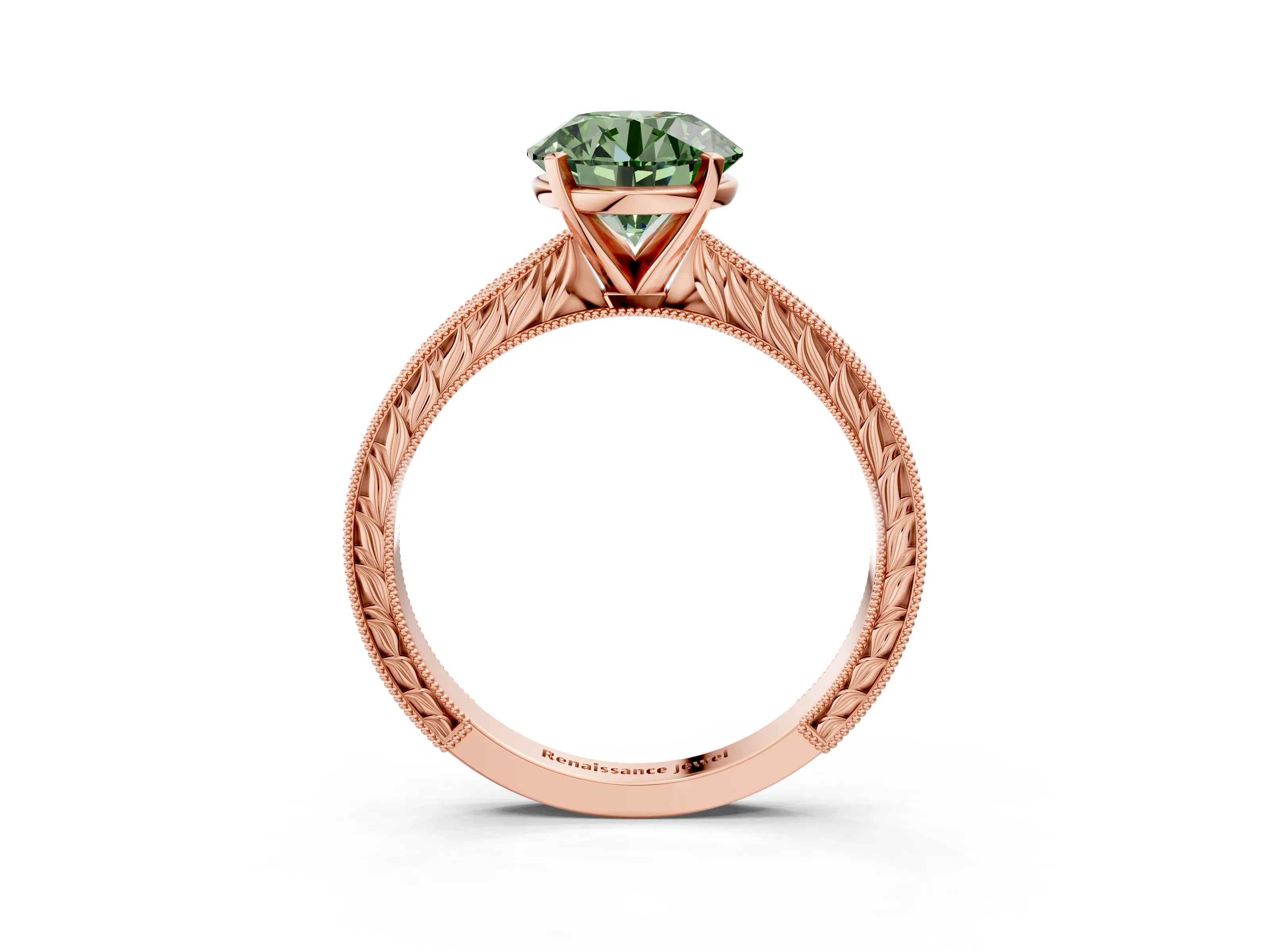 Rose gold Fancy Green Round Cut Solitaire Milgrain Engraved Band with Four-Prong Setting_3
