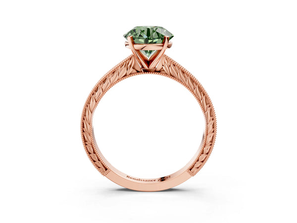 Rose gold Fancy Green Round Cut Solitaire Milgrain Engraved Band with Four-Prong Setting