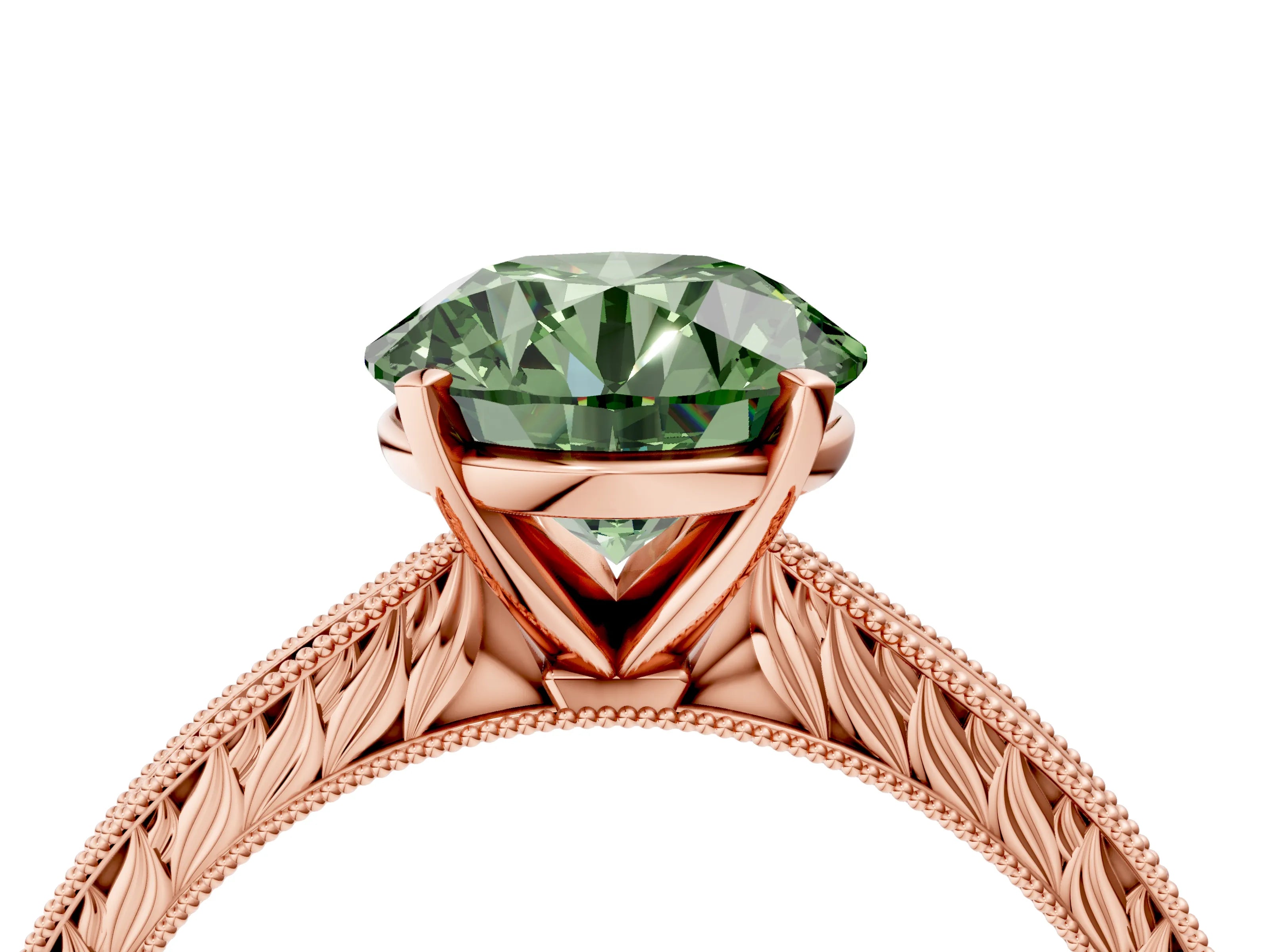 Rose gold Fancy Green Round Cut Solitaire Milgrain Engraved Band with Four-Prong Setting_4