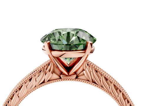 Rose gold Fancy Green Round Cut Solitaire Milgrain Engraved Band with Four-Prong Setting_4