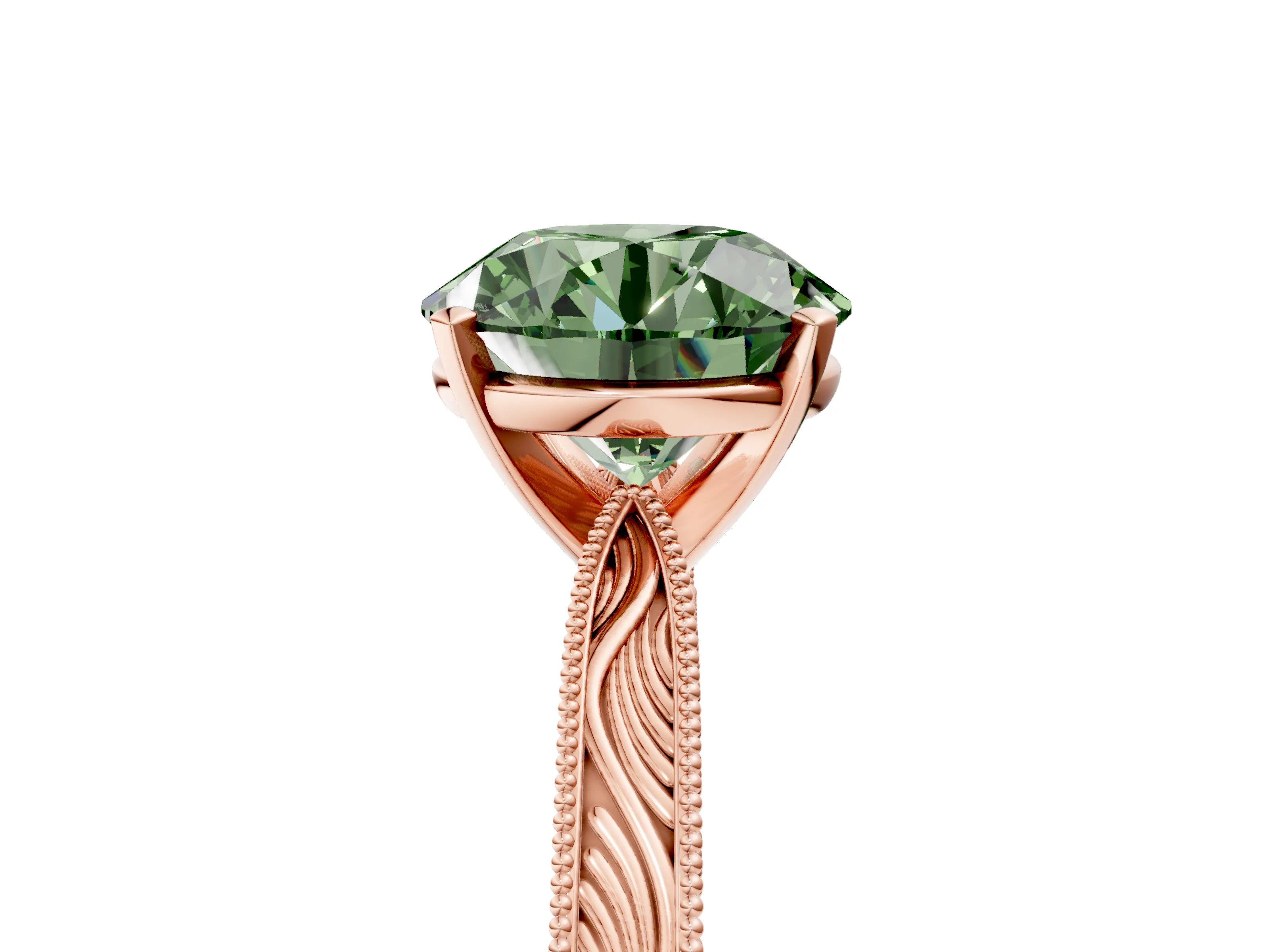 Rose gold Fancy Green Round Cut Solitaire Milgrain Engraved Band with Four-Prong Setting_5