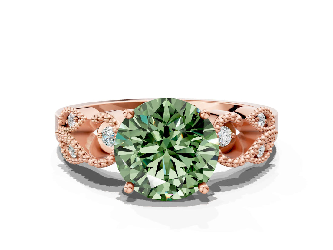 Rose gold Fancy Green Round Cut Solitaire Milgrain Leaf Band with Prong Setting