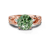 Rose gold Fancy Green Round Cut Solitaire Milgrain Leaf Band with Prong Setting