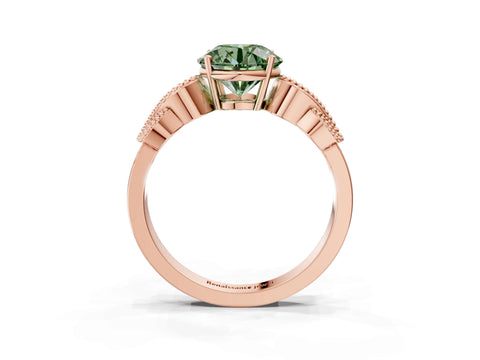 Rose gold Fancy Green Round Cut Solitaire Milgrain Leaf Band with Prong Setting_3