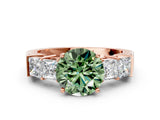 Rose gold Fancy Green Round Cut Solitaire Princess Side Stone Engraved Band Prong Setting Ring