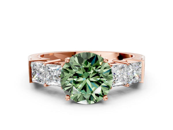 Rose gold Fancy Green Round Cut Solitaire Princess Side Stone Engraved Band Prong Setting Ring