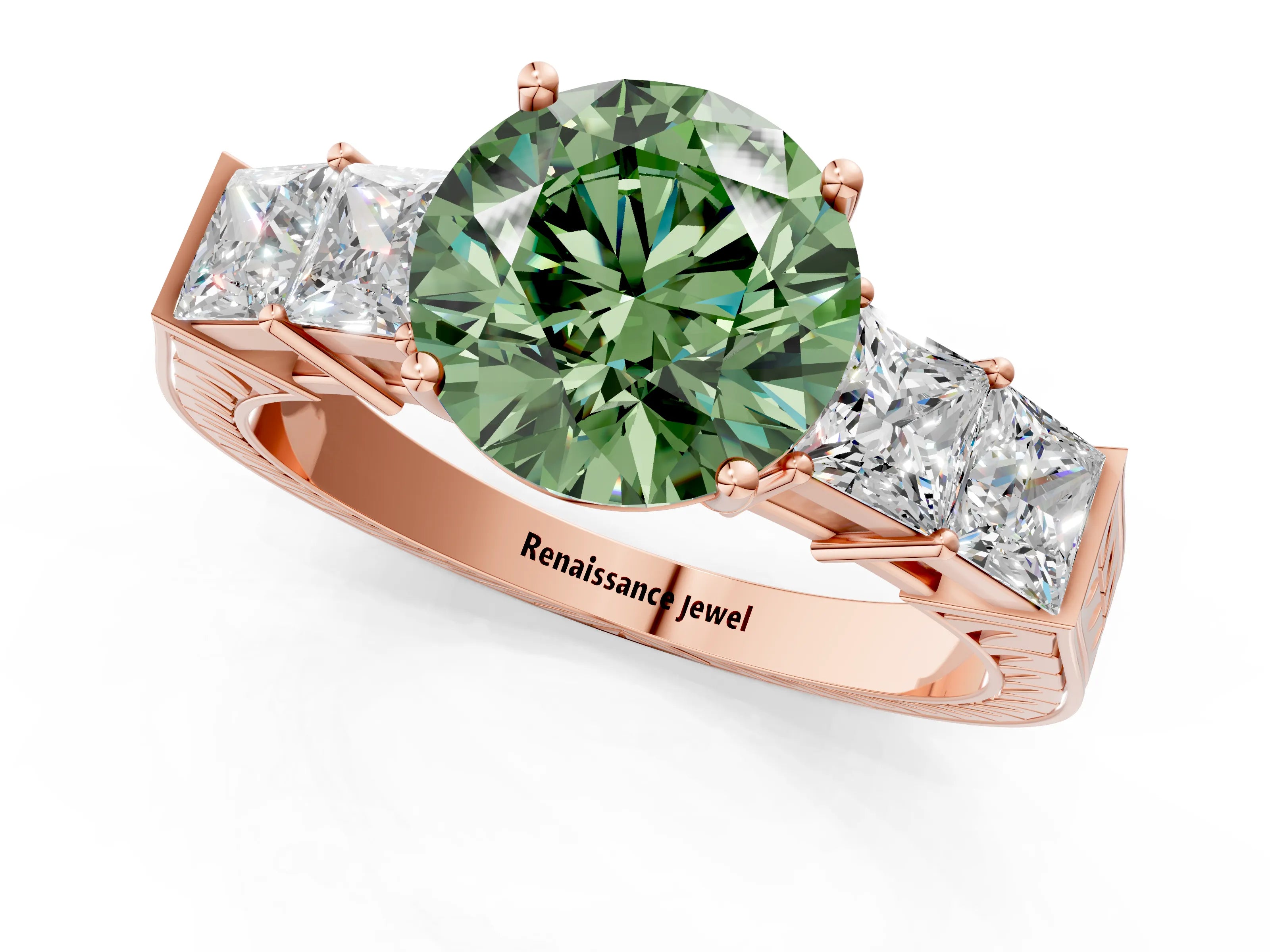 Rose gold Fancy Green Round Cut Solitaire Princess Side Stone Engraved Band Prong Setting Ring_1