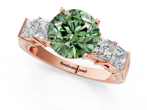 Rose gold Fancy Green Round Cut Solitaire Princess Side Stone Engraved Band Prong Setting Ring_1