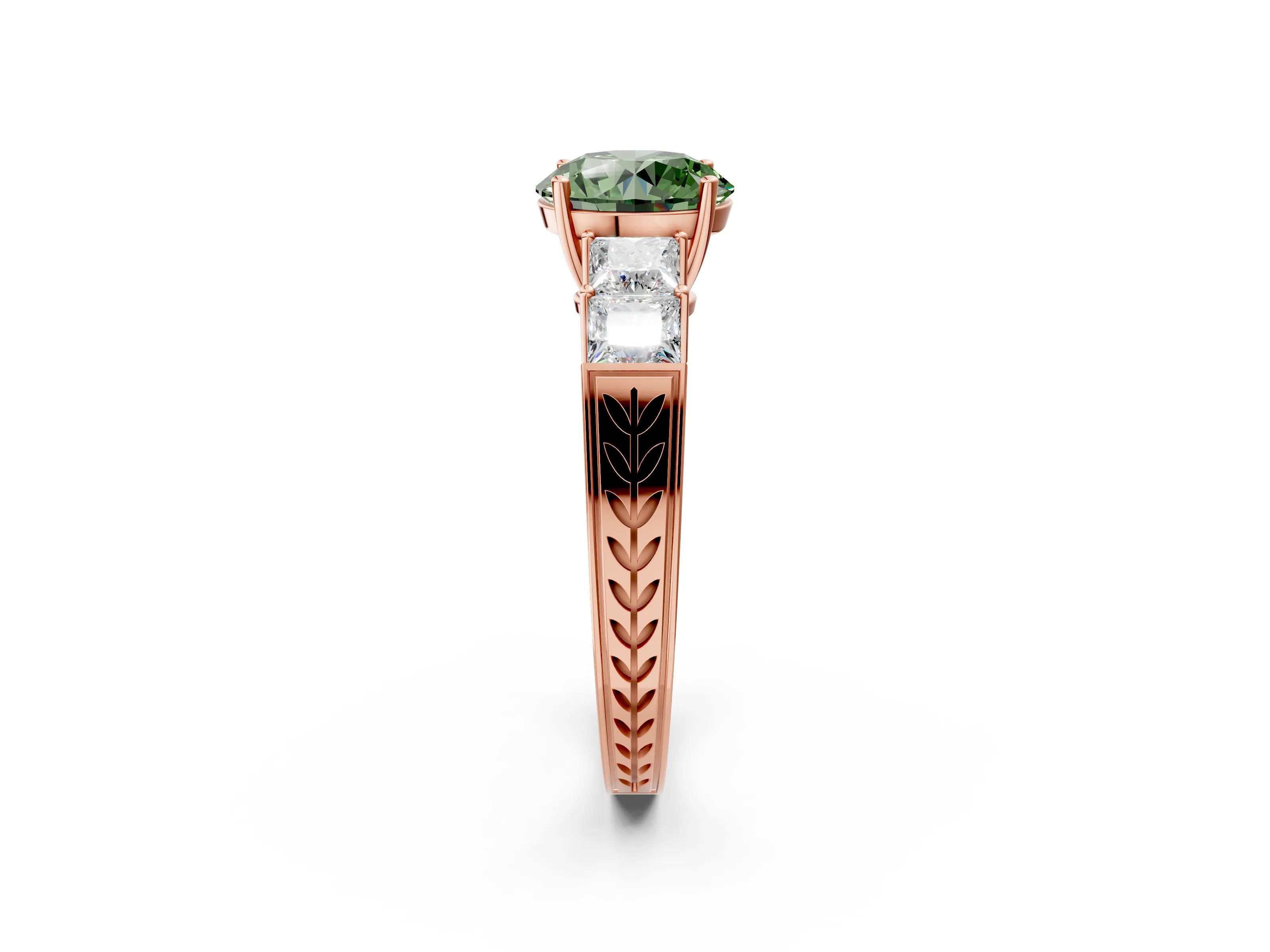 Rose gold Fancy Green Round Cut Solitaire Princess Side Stone Engraved Band Prong Setting Ring_2