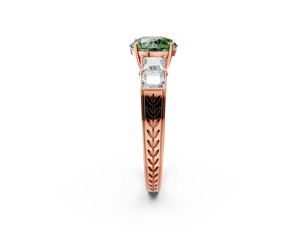 Rose gold Fancy Green Round Cut Solitaire Princess Side Stone Engraved Band Prong Setting Ring