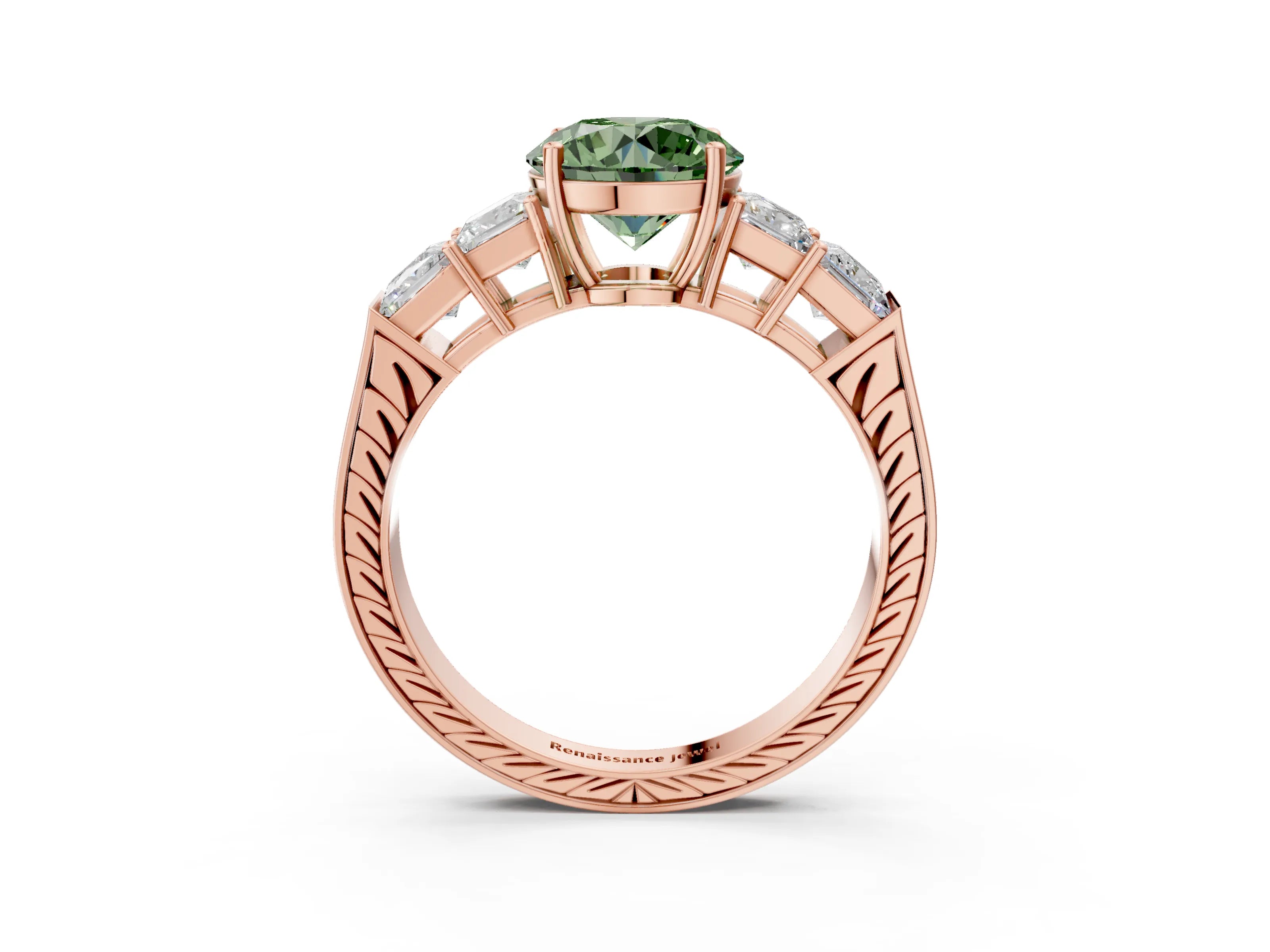 Rose gold Fancy Green Round Cut Solitaire Princess Side Stone Engraved Band Prong Setting Ring_3