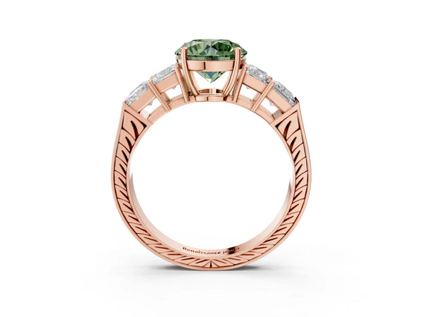 Rose gold Fancy Green Round Cut Solitaire Princess Side Stone Engraved Band Prong Setting Ring