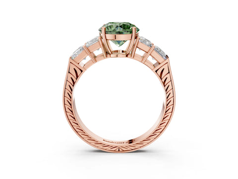 Rose gold Fancy Green Round Cut Solitaire Princess Side Stone Engraved Band Prong Setting Ring_3