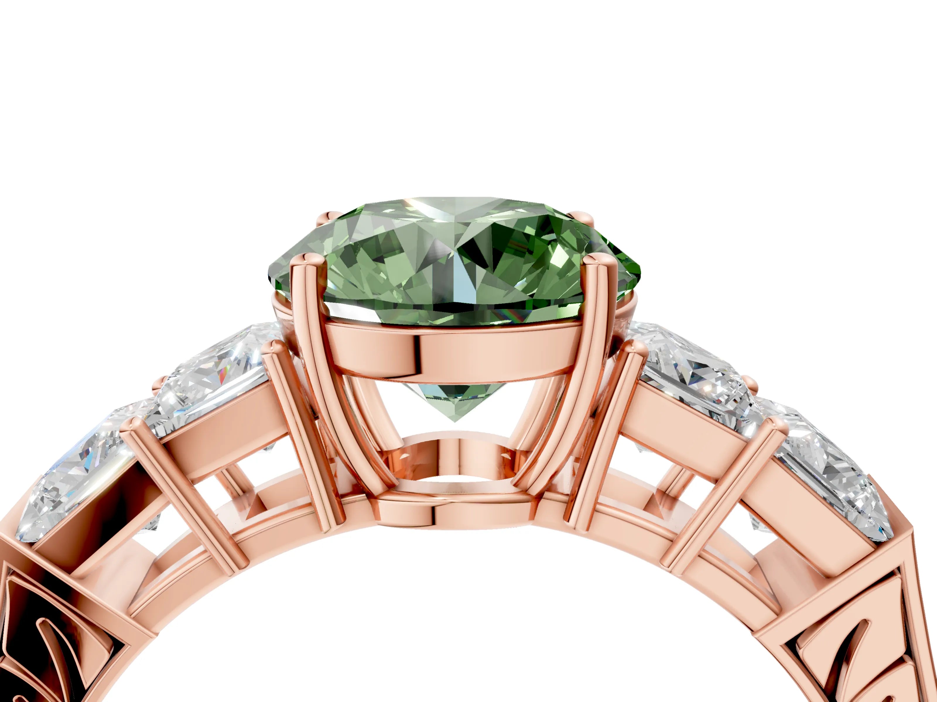 Rose gold Fancy Green Round Cut Solitaire Princess Side Stone Engraved Band Prong Setting Ring_4