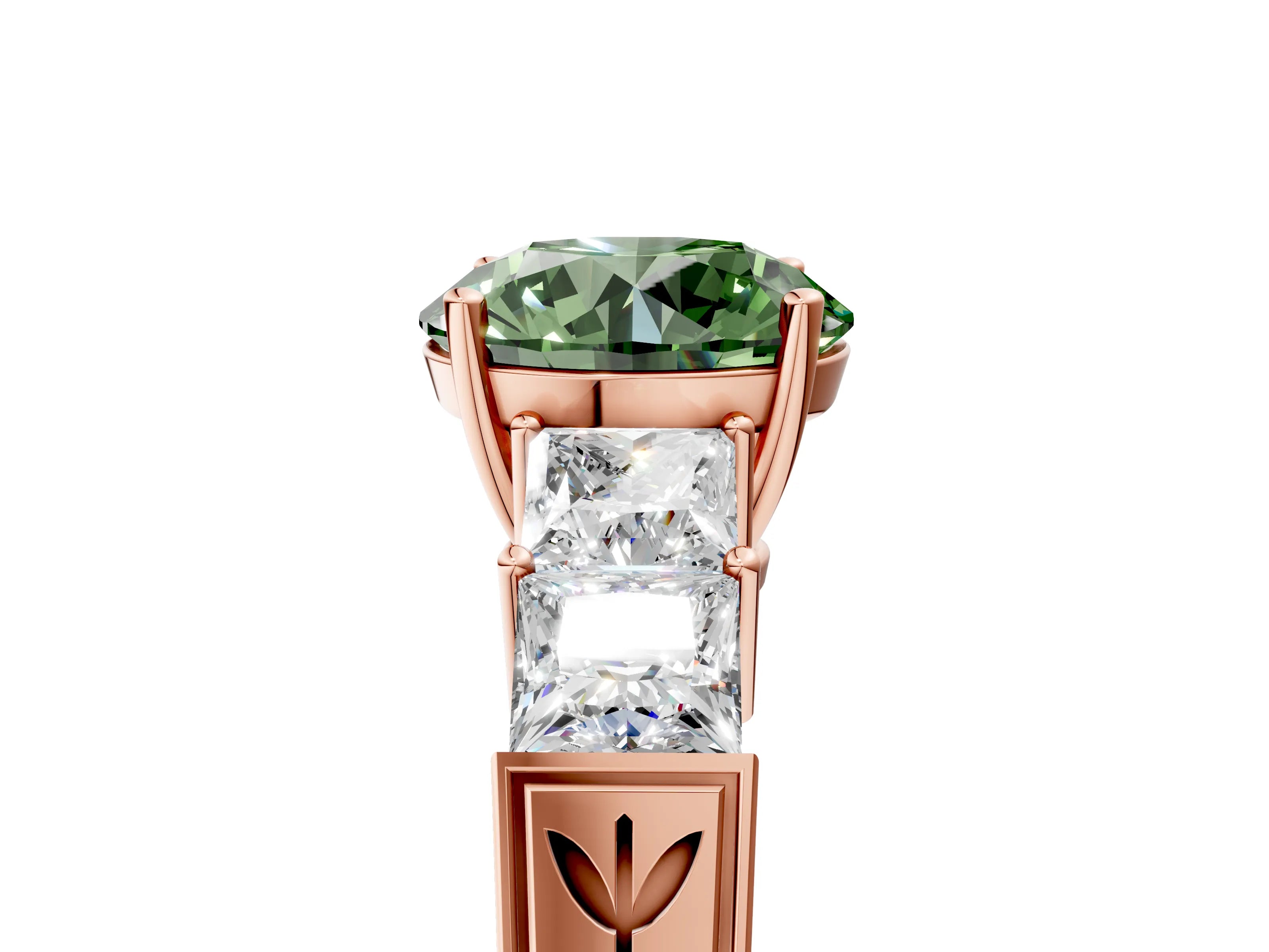 Rose gold Fancy Green Round Cut Solitaire Princess Side Stone Engraved Band Prong Setting Ring_5